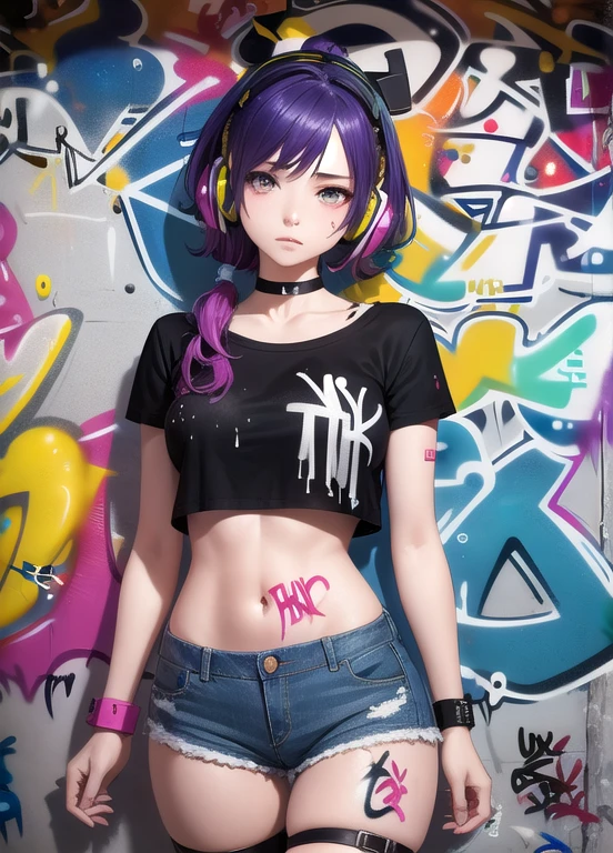 Masterpiece, best quality, 1 girl, alone, crop top, Denim shorts, choker, (graffiti:1.5), splash of color, arms behind back, against the wall, looking at the audience, armband, thigh strap, paint on body, tilt your head, bored, colorful hair, tear, headset,