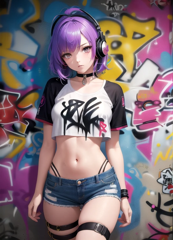 Masterpiece, best quality, 1 girl, alone, crop top, Denim shorts, choker, (graffiti:1.5), splash of color, arms behind back, against the wall, looking at the audience, armband, thigh strap, paint on body, tilt your head, bored, colorful hair, tear, headset,