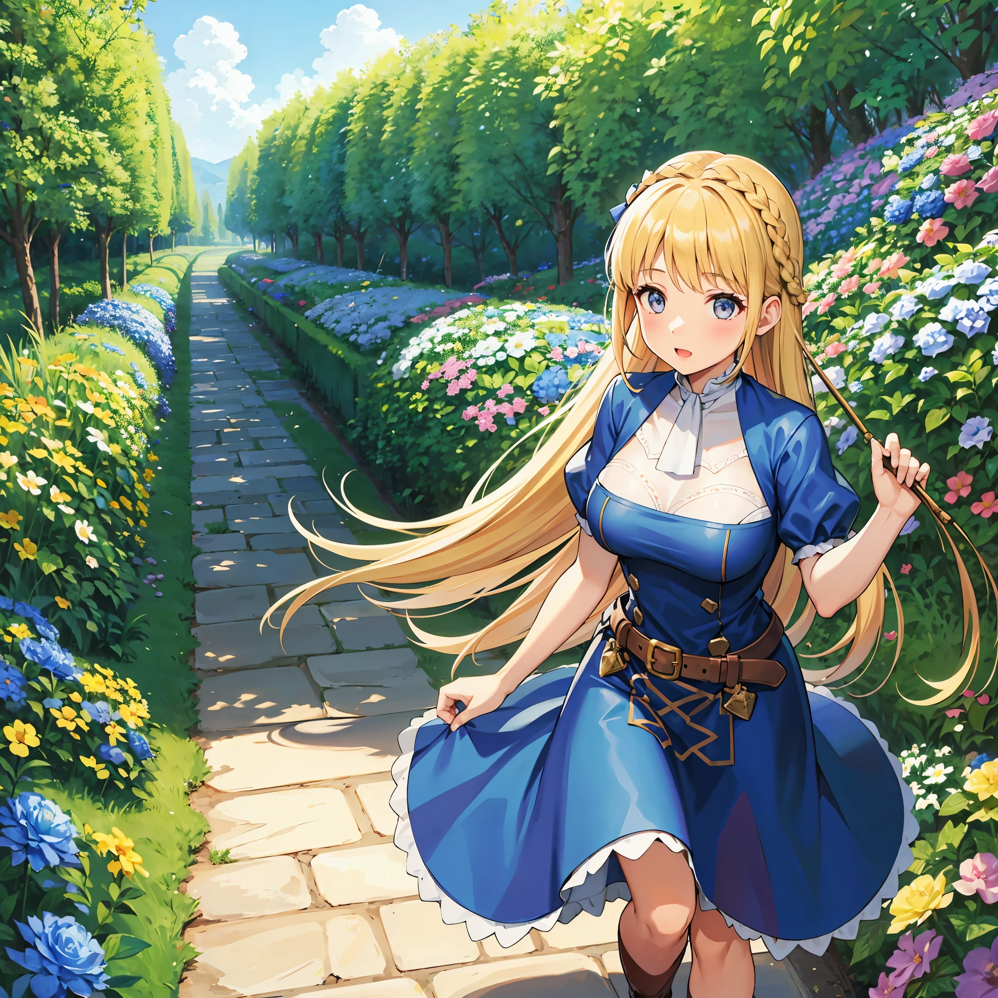 Grown-up girl, with blond hair braided, in a blue medieval dress, walking through a flower field 