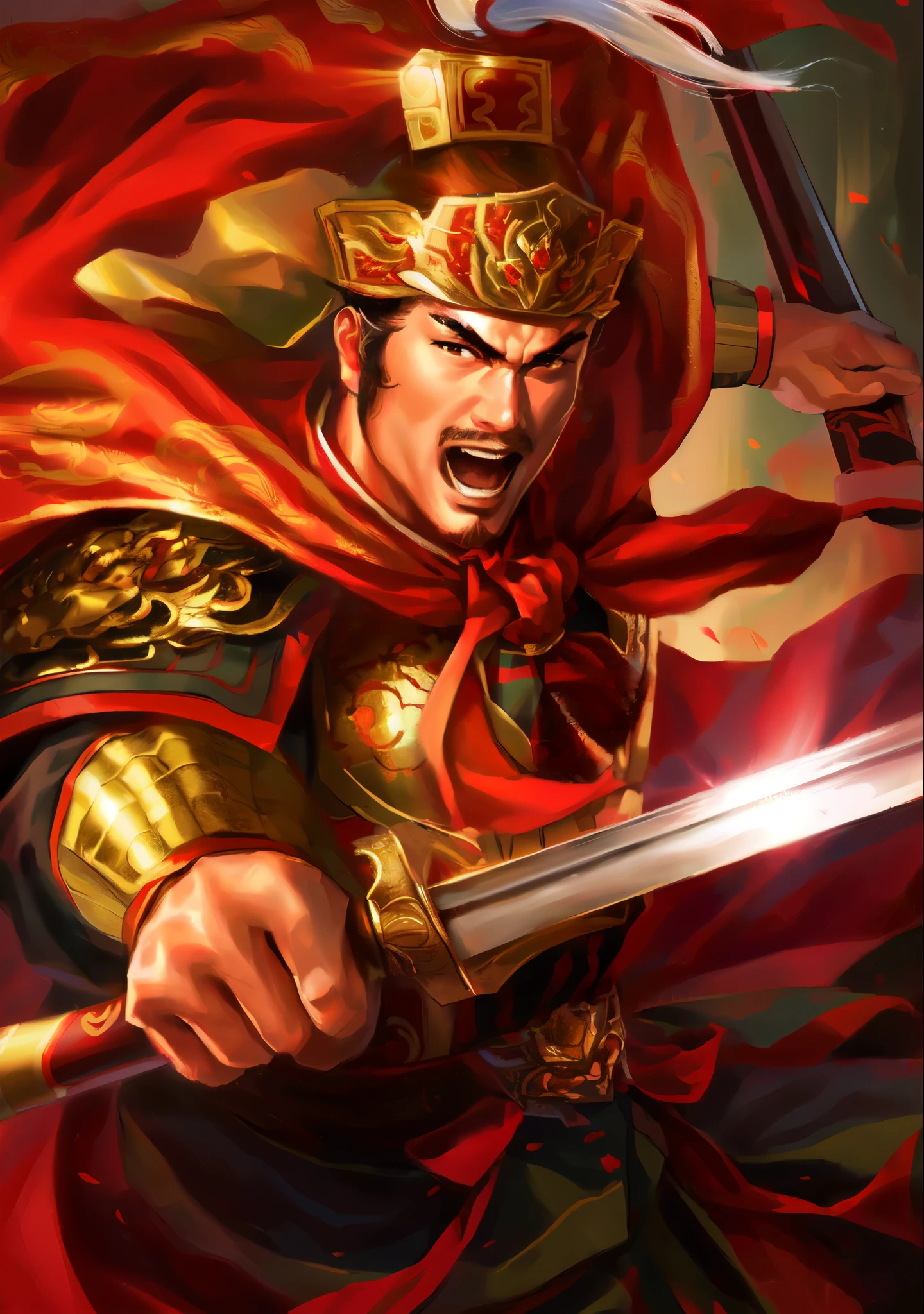 Close-up:A man wearing a red cloak、man holding sword, chinese warrior, China Three Kingdoms, bian lian, guan yu, zhao yun, Dynasty Warriors, Inspired by Li Kan, hua cheng, Inspired by Hu Zaobin, Inspired by Guo Chun, feng shu, Sun Wukong, g liulian art style, author:Yang Borun