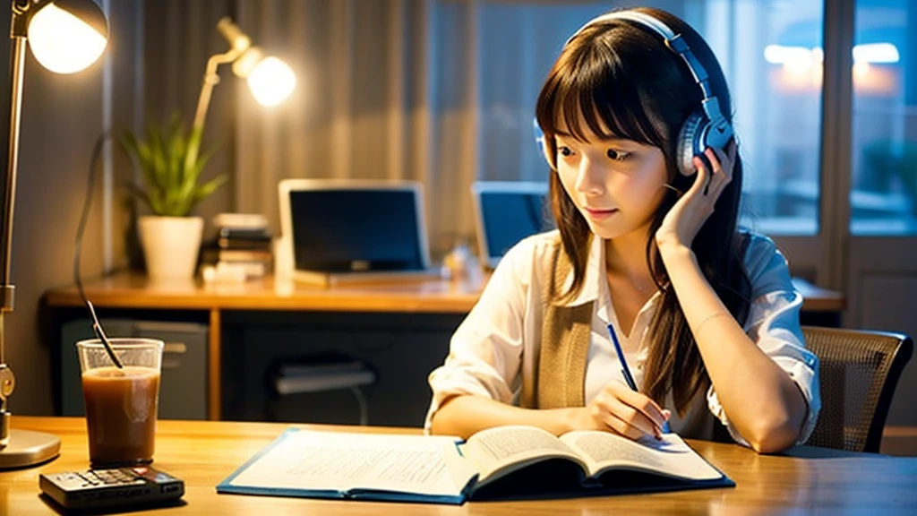 A cute Japanese girl studying or working at her desk、relax、night、Real、focusing、Gentle feeling、wearing headphones