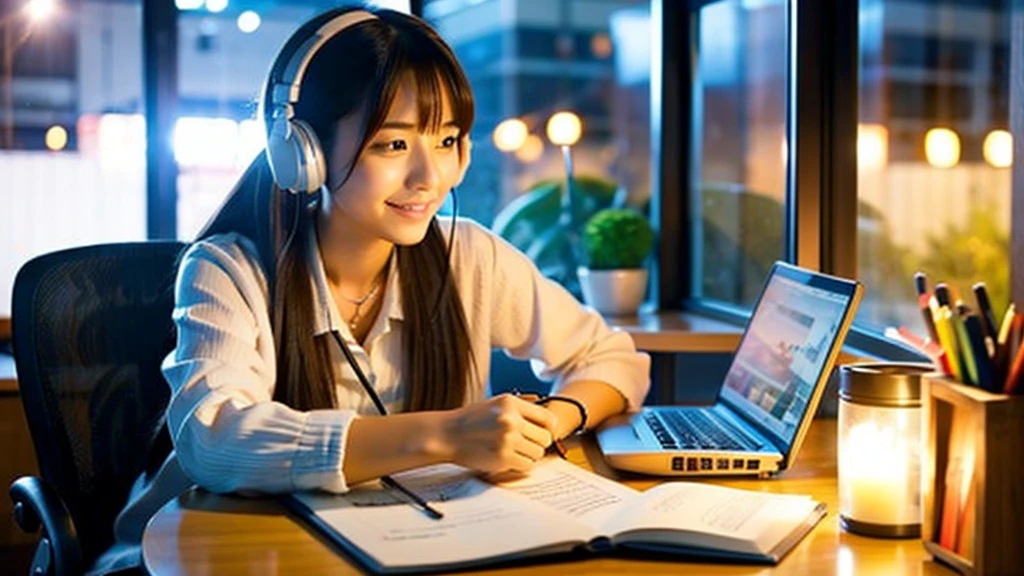A cute Japanese girl studying or working at her desk、relax、night、Real、focusing、Gentle feeling、wearing headphones