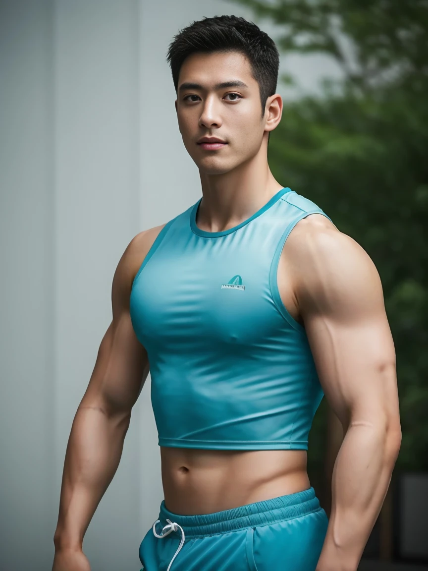 Firefighter in his 20s，Full chest muscles，Has short black hair， blue eyes，Sexy and charming expression，Wear green training clothes、Blue shorts, high resolution, masterpiece, best quality, head:1.3,((Hasselblad Photo)), delicate skin, Stay focused, (Movie Lighting), night, soft light, Dynamic angle, [:(Delicate face:1.2):0.2],(((exercise))), kinetic, Arm muscles are big, hands on hips.