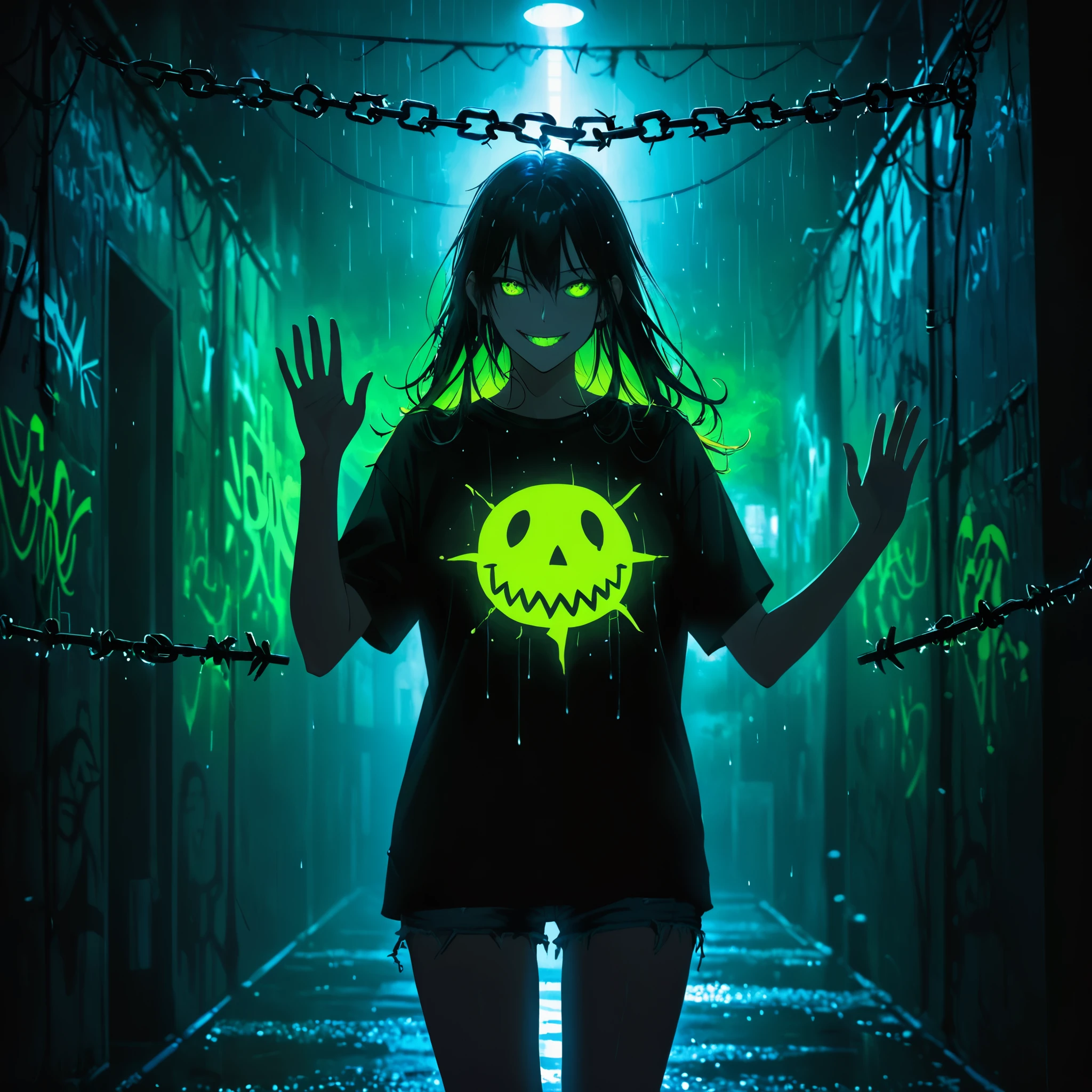 (Portrait of a mysterious giant eye)，indoor，Fluorescent illumination，(((Darkness shrouded)))，Wall background，black background，silhouette，shadow，extreme darkness，Minimalist graffiti style background，Fluorescent green ploy Skull pattern graffiti，Dark atmosphere，cowboy shot,1girl,Oversized black T-shirt，Medium Breast，Waistless T-shirt，（underboob），blurred background，Blurred foreground，Green fluorescent hair，Fluorescent green eyes，Hand raised and touching hair，long hair，Messy hair，Low rise denim shorts，Over-the-knee boots，pink eye shadow，Ruined eyeshadow，（Vanishing point，Depth of Field，Background blur），(Vines Covered Foreground:10），Grin，Open your mouth，Devil smiley，trigger finger，Shark Teeth，Dark and Edgy、Surrealist elements、expressive brushstrokes、dynamic composition。\extreme detail description，chain，barbed wire，wooden stake，moonlight，heavy rain,raised hands，from about，