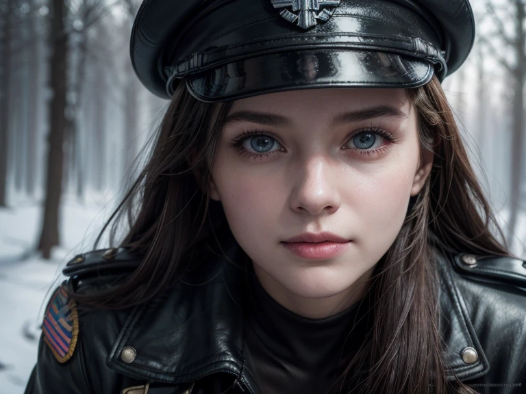 1girl,focus female,medium breast,fair ((simile)) Wrightville posing in (dynamic poses) As a World War II Dieselpunk Officer, black leather,cleavage,Wearing a leather military cap, Reference photos, best quality, high quality, (Detailed face and eyes), Dusk lighting,, Heavy makeup, industrial, outdoor snow forest background ((close up))