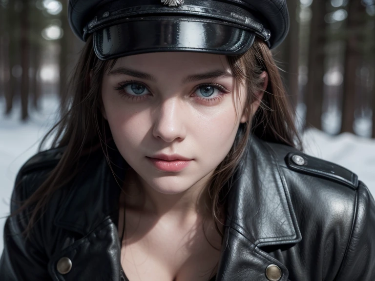 1girl,focus female,medium breast,fair ((simile)) Wrightville posing in (dynamic poses) As a World War II Dieselpunk Officer, black leather,cleavage,Wearing a leather military cap, Reference photos, best quality, high quality, (Detailed face and eyes), Dusk lighting,, Heavy makeup, industrial, outdoor snow forest background ((close up))