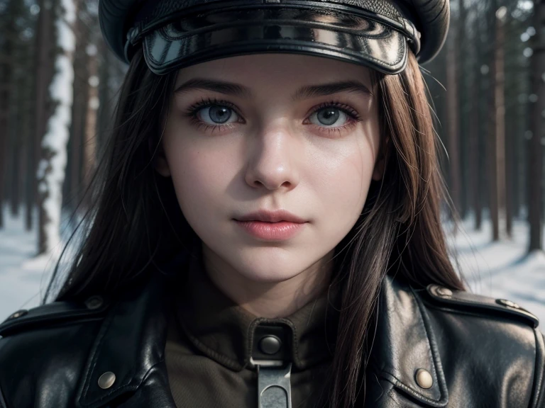 1girl,focus female,medium breast,fair ((simile)) Wrightville posing in (dynamic poses) As a World War II Dieselpunk Officer, black leather,cleavage,Wearing a leather military cap, Reference photos, best quality, high quality, (Detailed face and eyes), Dusk lighting,, Heavy makeup, industrial, outdoor snow forest background ((close up))