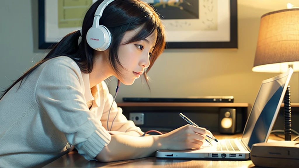 A cute Japanese girl studying or working at her desk、relax、night、Real、focusing、Gentle feeling、wearing headphones、Side view