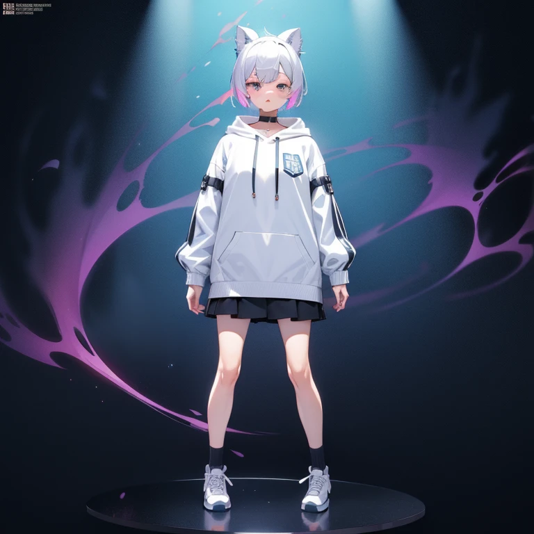 1 person girl、pleochroism、A loose-fitting jersey-style long hoodie in holographic colors、Ribbed knit cuffs and hem、Vtuber whole body、Milky white short hair、Standing figure facing the viewer、Simple Background、highest quality、Masterpiece、Official Art、8K、