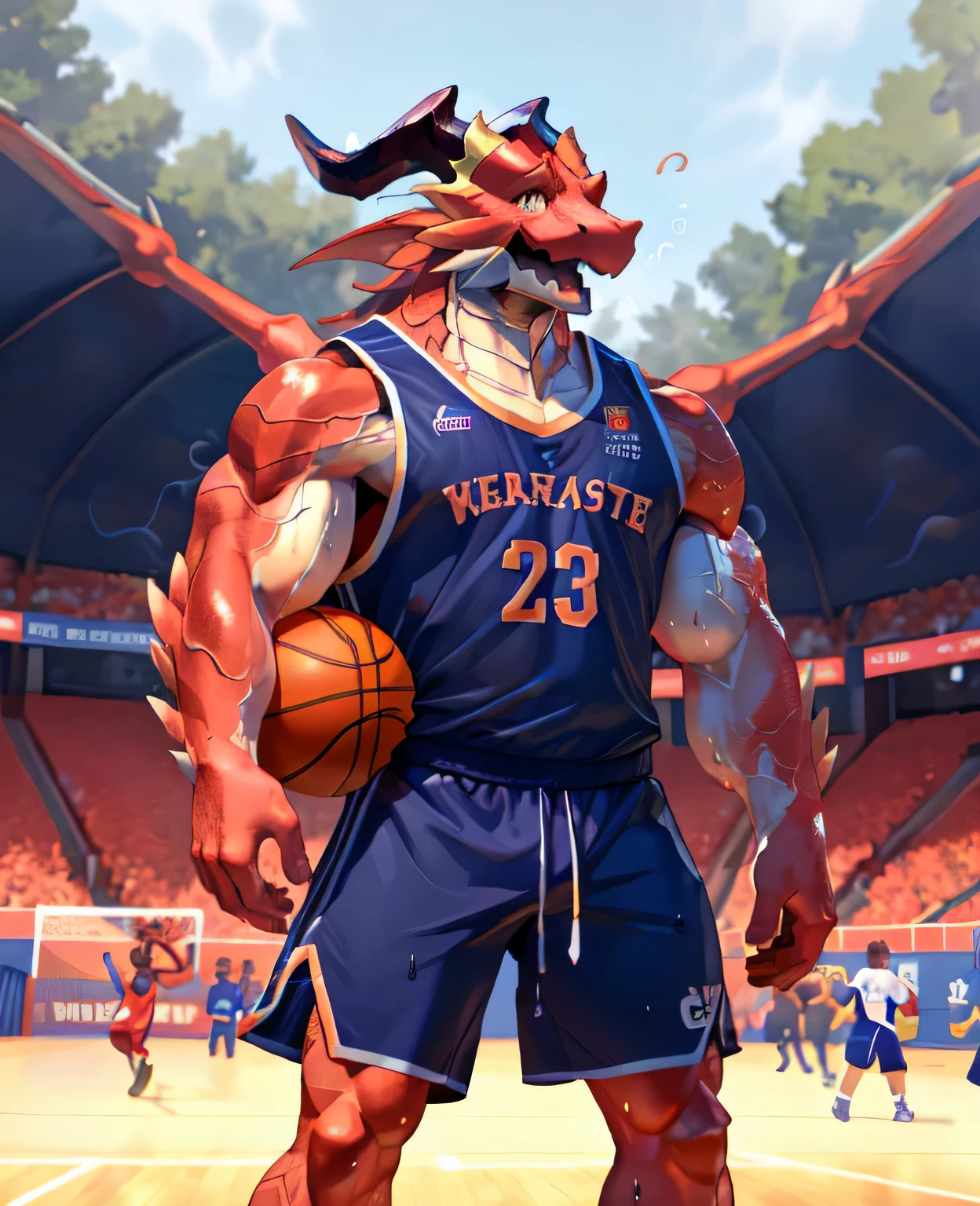 (dragon), Two-color, dragon&#39;s eyes, (muscular body:1.3), perfect eyes, Handsome, OK,(white basketball jersey), (on the playground),(Express), sports field background,(close up),(Happy eyes:1.2),look at screen,(dragon horn),(dragon tail),different students,Perfect masterpiece,(16K),White belly,Solitary,((Strong)),(sports field background),(Sweat),Perfect proportion,front,blush,(wave hello，Watching you:1.5),(Basketball in hand:1.3),(Open your mouth slightly and breathe.:1.2),(close range:1.2),(clothes soaked with Sweat:1,3),Strong,muscle,more details,CG,HD，detailed，Clear，high resolution