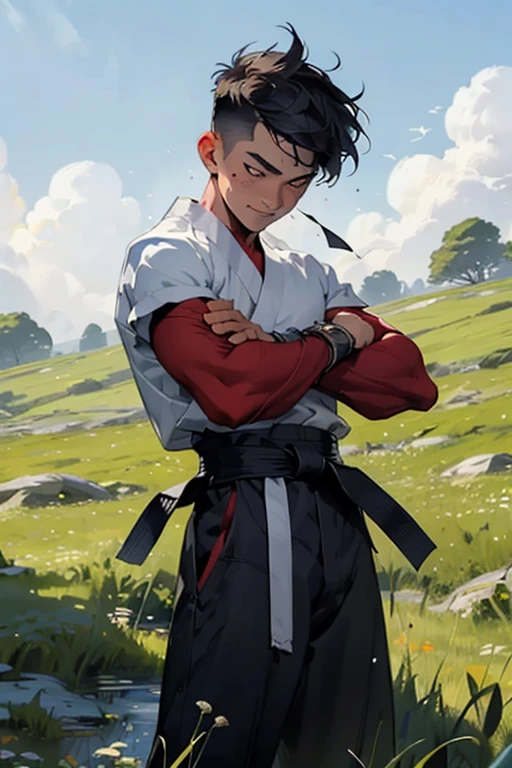 ((best quality)), ((masterpiece)), (detailed),  boy, monk, martial artist, wrist wraps, wind flurry around him, meadow, strong, muscle, happy