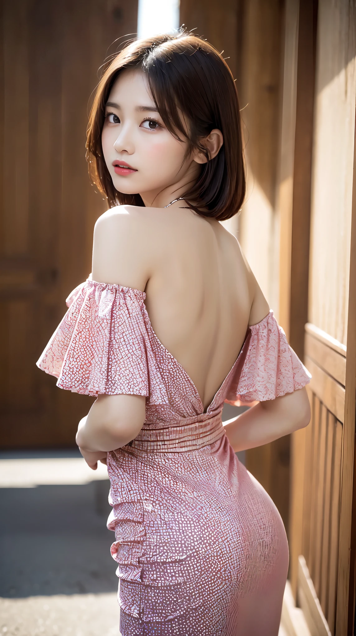 body、Full body Esbian、standing, leaning forward, hands on ground、raise your butt high、Very small waist、(very big breasts:1.3)、plump thighs、natural skin、Extra-fine face、 extra thin hands, Very thin fingers, Best ratio、surreal, ((cute dress、Exposing too much skin、off shoulder、The length is short and the thighs are visible))、cheeks turn red、body covered in 、Cross Necklace、((18-year-old female:1.2))、young adorable japanese face, official art,Highly detailed CG Unity 8K wallpaper,(masterpiece:1.0),(highest quality:1.0), Super detailed, photo shoot, 8K, nffsw, High resolution, kodak portrait 400, film grain, lens flare glow,portrait shot,View viewer