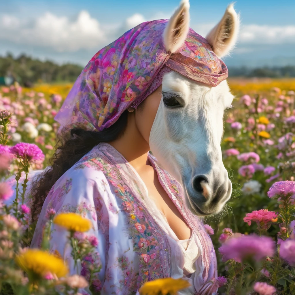 (A magical unicorn Alpaca grazes in a field full of flowers), (a brave young (20) Malaysian woman (huge natural breasts, big full butt, hourglass figure, average face, hijab no hair showing, extremely sheer translucent billowing outfit)