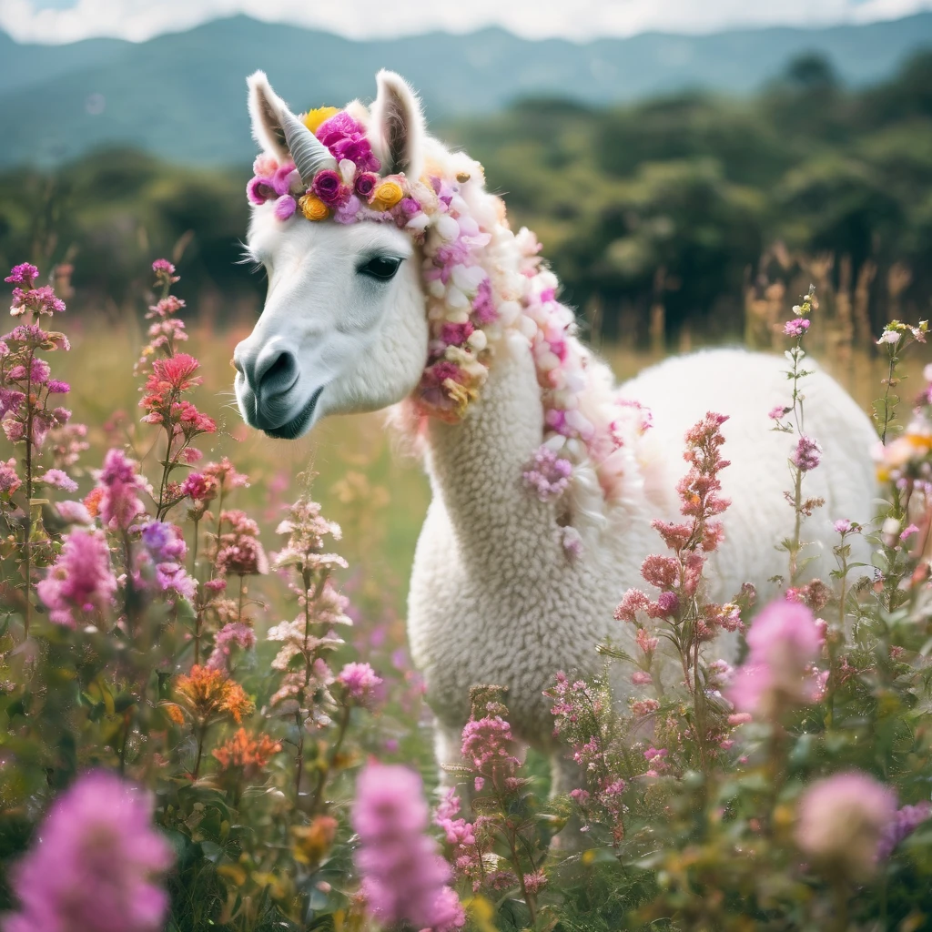 (A magical unicorn Alpaca grazes in a field full of flowers), (a brave young (20) Malaysian woman (huge natural breasts, big full butt, hourglass figure, average face, hijab no hair showing, extremely sheer translucent billowing outfit)