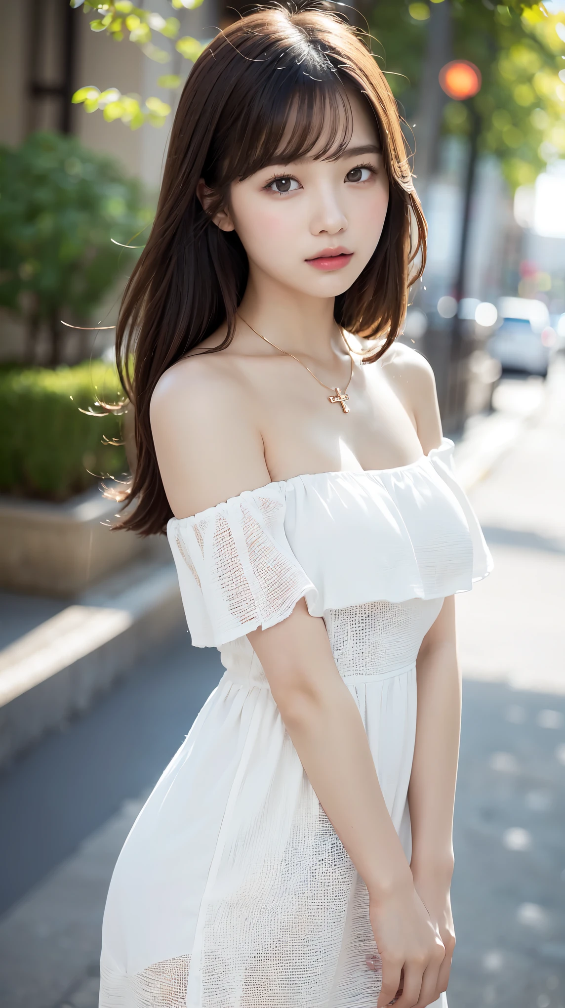 body、Full body Esbian、standing, leaning forward, hands on ground、raise your butt high、Very small waist、(very big breasts:1.3)、plump thighs、natural skin、Extra-fine face、 extra thin hands, Very thin fingers, Best ratio、surreal, ((cute dress、Exposing too much skin、off shoulder、The length is short and the thighs are visible))、cheeks turn red、body covered in 、Cross Necklace、((18-year-old female:1.2))、young adorable japanese face, official art,Highly detailed CG Unity 8K wallpaper,(masterpiece:1.0),(highest quality:1.0), Super detailed, photo shoot, 8K, nffsw, High resolution, kodak portrait 400, film grain, lens flare glow,portrait shot,View viewer