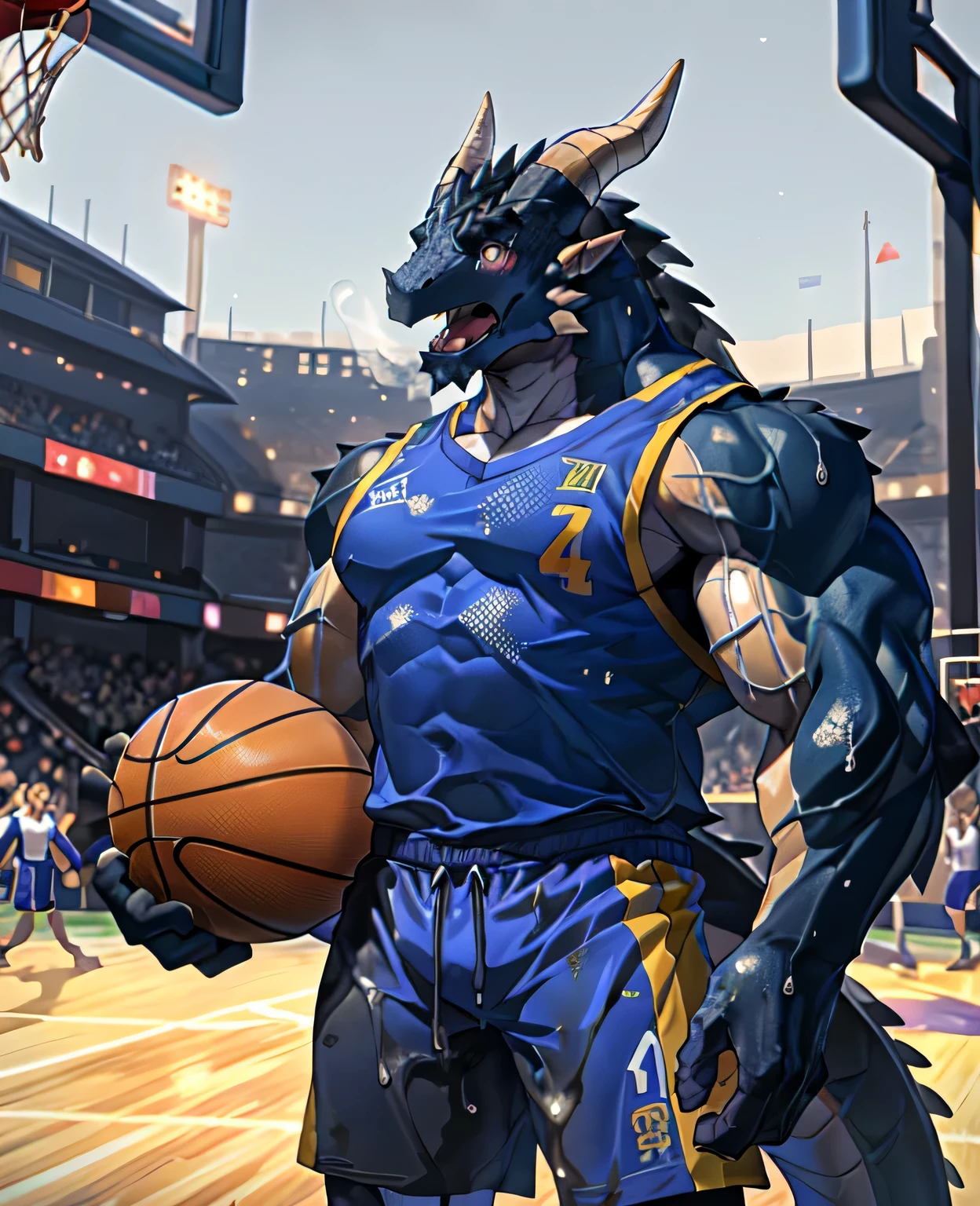 (dragon), Two-color, dragon&#39;s eyes, (muscular body:1.3), perfect eyes, Handsome, OK,(white basketball jersey), (on the playground),(Express), sports field background,(close up),(Happy eyes:1.2),look at screen,(dragon horn),(dragon tail),different students,Perfect masterpiece,(16K),White belly,Solitary,((Strong)),(sports field background),(Sweat),Perfect proportion,front,blush,(wave hello，Watching you:1.5),(Basketball in hand:1.3),(Open your mouth slightly and breathe.:1.2),(close range:1.2),(clothes soaked with Sweat:1,3),Strong,muscle,more details,CG,HD，detailed，Clear，high resolution