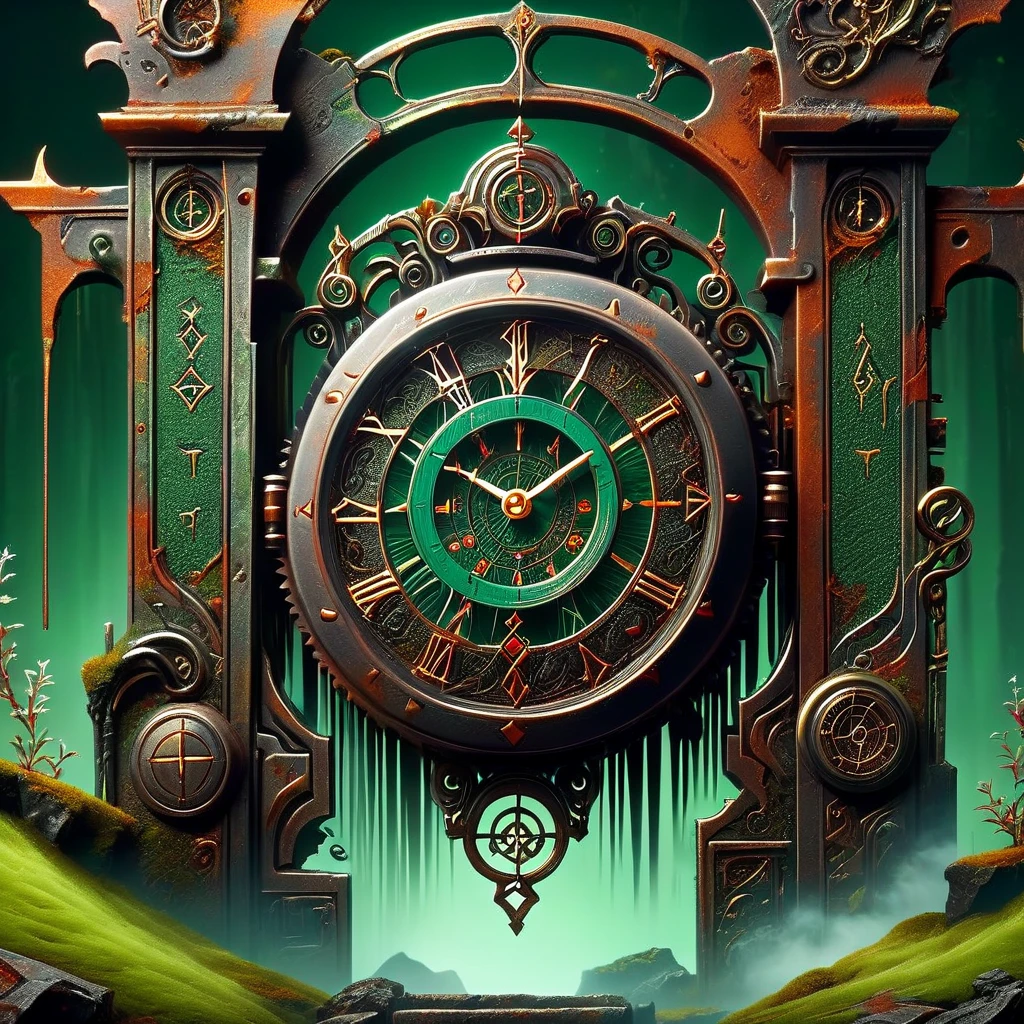 hyper detailed masterpiece, dynamic, awesome quality,DonM0ccul7Ru57XL , comfy pocket watch gate ,rust, green and red moss