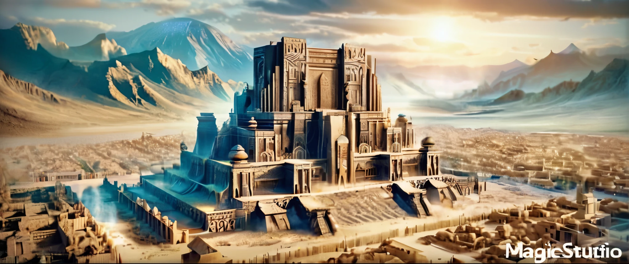Mountain々Close-up of a large building in the desert with the skyline in the background, Elven Palace in Gematar, Dune City and Temple of Arrakis, Huge futuristic temple city, Fortress huge structure city, The large and structured city of Valhalla, Cities of ancient Persia, Ancient Capital, Futuristic Persian Palace, an Ancient Capital on fire, The Temple of Truth Is White