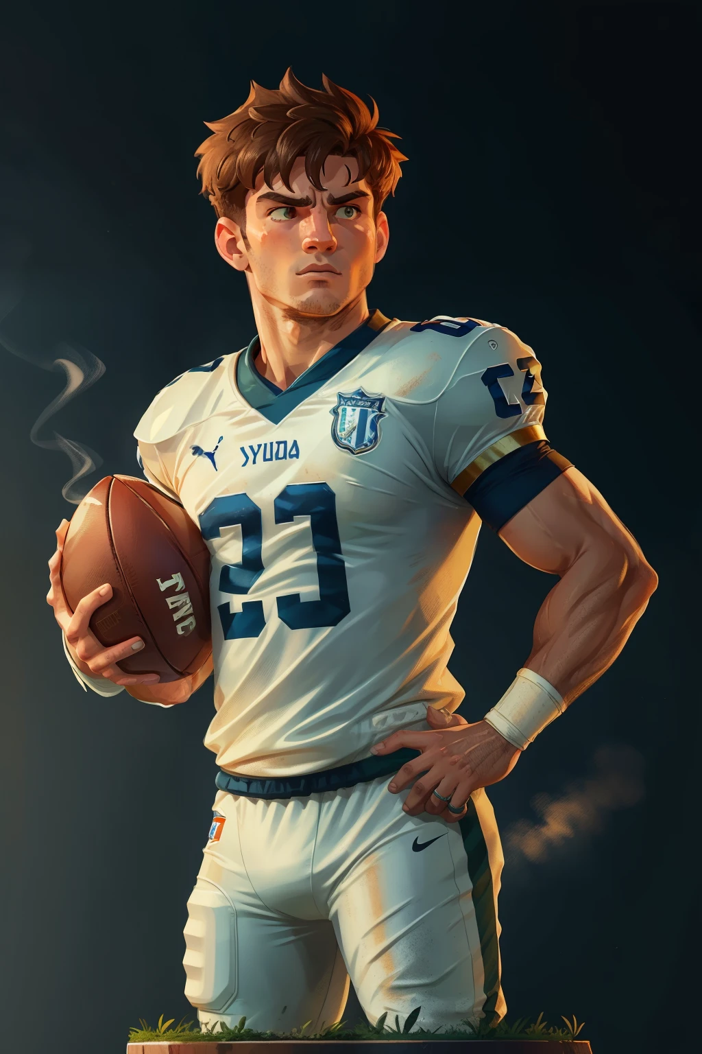 A realistic Greek white marble statue of thoughtful and determined football player, dressed in the ghostly Izzo jersey with faded numbers, fundo neutro, Moody, fotorrealista, absorbed in a thoughtful movie dinner scene, super detalhada, hiper realista, luzes brilhantes, 8K. The football player's intense gaze and expressive face convey deep concentration and focus, as if reliving past triumphs on the field. His short, messy hair frames a strong, chiseled jawline, and the dimly lit scene highlights the intricate details of the statue, from the folds in his toga to the lifelike veins on his hands