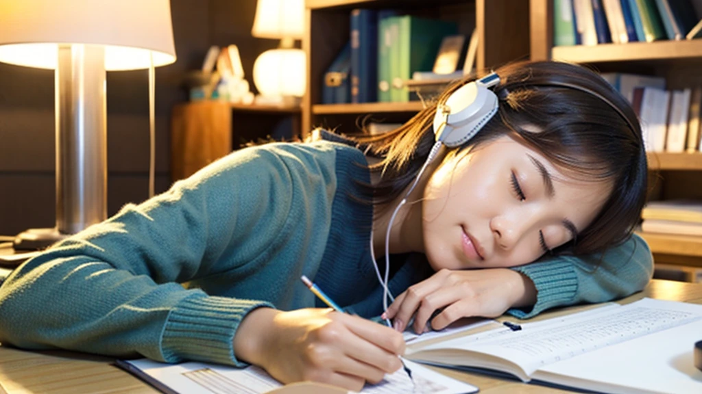 A cute Japanese girl studying or working at her desk、relax、night、Real、focusing、Gentle feeling、wearing headphones、Side view、Sleeping while studying