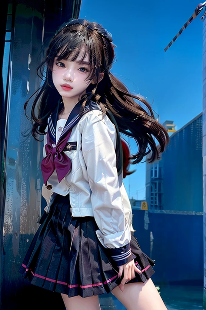 (8k, RAW photo, best quality, masterpiece:1.3),(realistic,photo-realistic:1.37),(night),(looking at viewer:1.331),(white hair),posing,Tokyo street,nightcityscape, cyberpunk city,soft light,1girl,extremely beautiful face,bust,put down hands,Random hairstyle,Random expression,big eyes, ,lower abdomen,(short-sleeved
JK_shirt),JK_style,(dark blue JK_skirt) ,(bow JK_tie),mix4