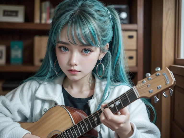 (best quality, highres, high quality), (masterpiece), goddess, 1girl, solo, (Kobo), cute face, perfect fingers, aqua eyes, point earrings, multicolored hair, looking at viewer, playing guitar, indoor, wear white jacket, 