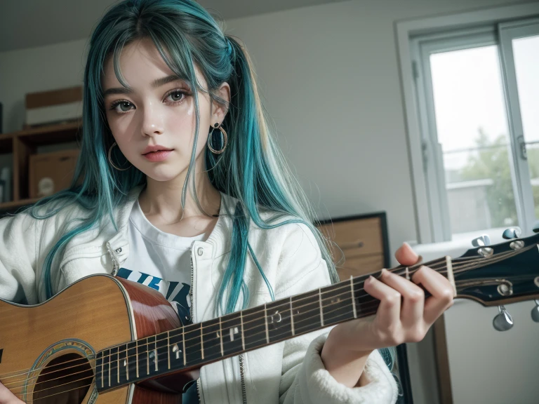 (best quality, highres, high quality), (masterpiece), goddess, 1girl, solo, (Kobo), cute face, perfect fingers, aqua eyes, point earrings, multicolored hair, looking at viewer, playing guitar, indoor, wear white jacket,