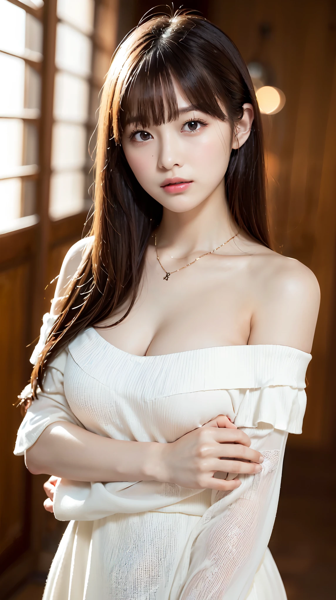 body、Full body Esbian、sexy model posing, Very small waist、(very big breasts:1.3)、plump thighs、natural skin、Extra-fine face、 extra thin hands, Very thin fingers, Best ratio、surreal, ((cute dress、Exposing too much skin、off shoulder、The length is short and the thighs are visible))、cheeks turn red、body covered in 、Cross Necklace、((18-year-old female:1.2))、young adorable japanese face, official art,Highly detailed CG Unity 8K wallpaper,(masterpiece:1.0),(highest quality:1.0), Super detailed, photo shoot, 8K, nffsw, High resolution, kodak portrait 400, film grain, lens flare glow,portrait shot,View viewer