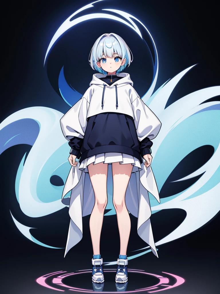 1 person girl、pleochroism、A loose-fitting jersey-style long hoodie in holographic colors、Ribbed knit cuffs and hem、Vtuber whole body、Milky white short hair、Standing figure facing the viewer、Simple Background、highest quality、Masterpiece、Official Art、8K、