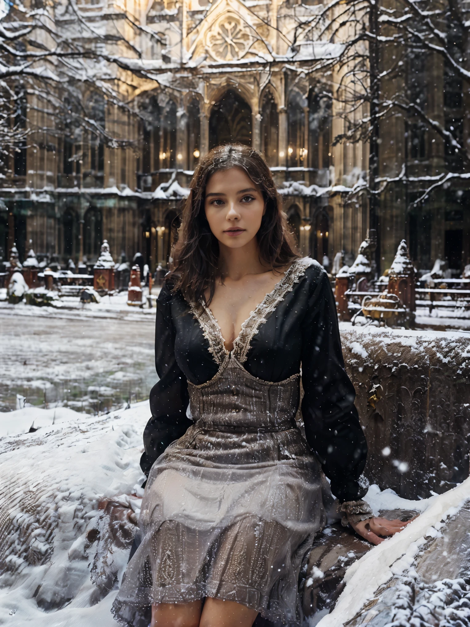 ((Beautiful Young British Woman )), ((Belle Epoque)), High class Lady,( Victorian Fashion Style),(( Vintagr Color Photo)), ( London), (( Standing in front of Westminster Abbey on hard fall snow day)),Soft shadows Super-Resolution, Megapixel,king sitting, ProPhoto RGB, VR, Spotlight, Frontlight, Halfrear Lighting, Backlight, Rim Lights, Rim Lighting, Artificial Lighting, Natural Lighting, Incandescent, British Style, Nobleman, Elegantism,scene of opulence --c 22 --ar 27:40 --s 999 --v 6.0