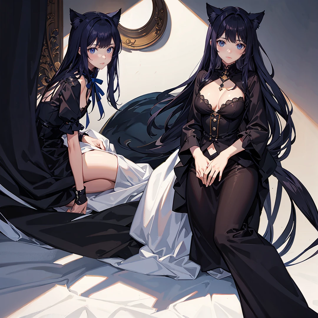 masterpiece, best quality, ultra-detailed, illustration, 1girl, beautiful detailed eyes, looking at viewer, (close up:0.9), navy hair, mediumhair,shy, cat ears, simple fashion,standing , full body , toe