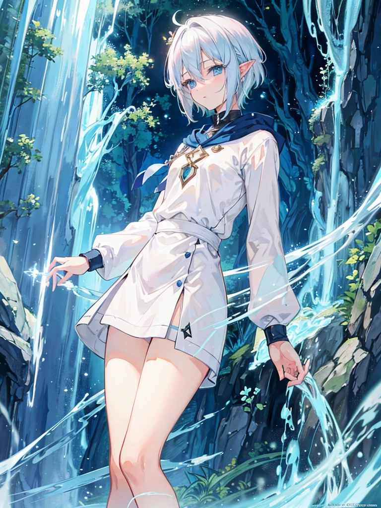 Anime Elf cute boy with short white hair, blue eyes, gorgeous, magical, beautiful, nature background