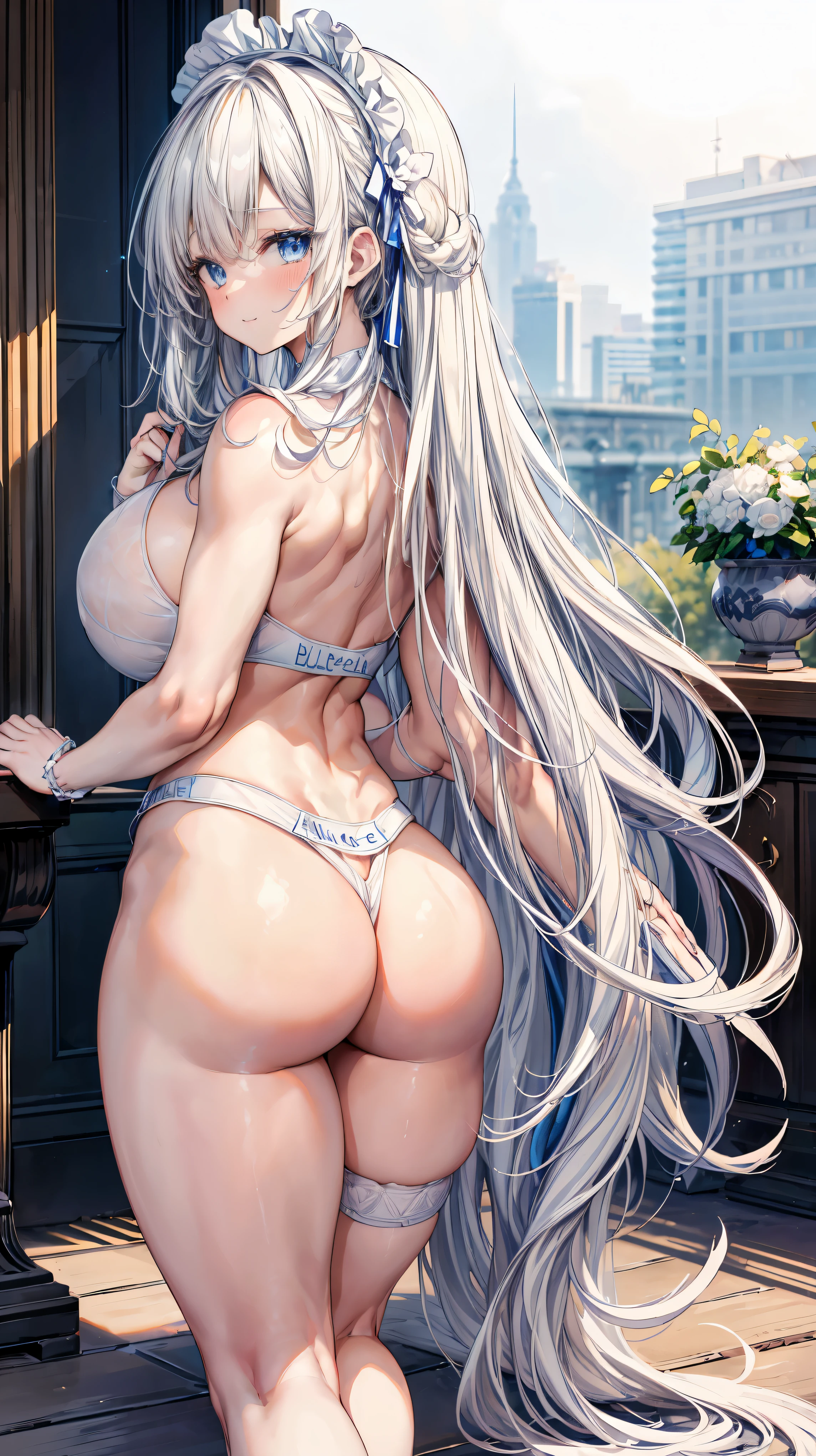 Super detailed、highest quality、Best image quality、masterpiece、8K、Anime Face、A kind smile、Sparkling Blue Eyes、long blonde curly hair、Heavy bangs、Wearing a maid headband、(SFW huge body)、(((Rear view)))、Cowboy Shot、(Wearing a white thong:1.5)、Muscles of the whole body、Kneel