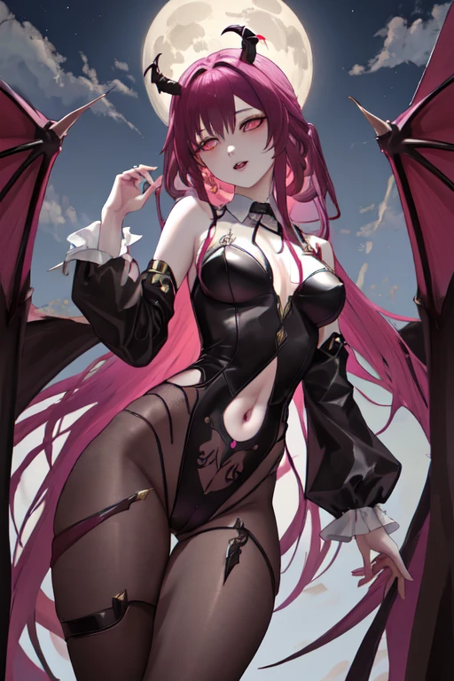 masterpiece, (detailed, high resolution, best quality), 1 Girl, Kafkadev, Cool tone，expressionless，Temporarily white skin，Sharp Claw，Skin whitening，little color，Female vampire，Evil expression，Long hair reaching knee length，Gold hair，Tall and slim，Devil's Horn，Devil's wings，Chest revealing clothing，Navel exposed suit，Fishnets，Flying in the air，late at night，Vampire Teeth，Sharp Claw，full moon，crotch tattoo，Thin waist and fat arms，Devil Wings，crotch tattoo，Both hands，legs