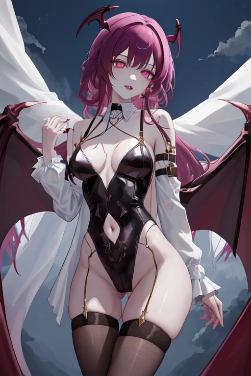 masterpiece, (detailed, high resolution, best quality), 1 Girl, Kafkadev, Cool tone，expressionless，Temporarily white skin，Sharp Claw，Skin whitening，little color，Female vampire，Evil expression，Long hair reaching knee length，Gold hair，Tall and slim，Devil's Horn，Devil's wings，Chest revealing clothing，Navel exposed suit，Fishnets，Flying in the air，late at night，Vampire Teeth，Sharp Claw，full moon，crotch tattoo，Thin waist and fat arms，Devil Wings，crotch tattoo，Both hands，legs