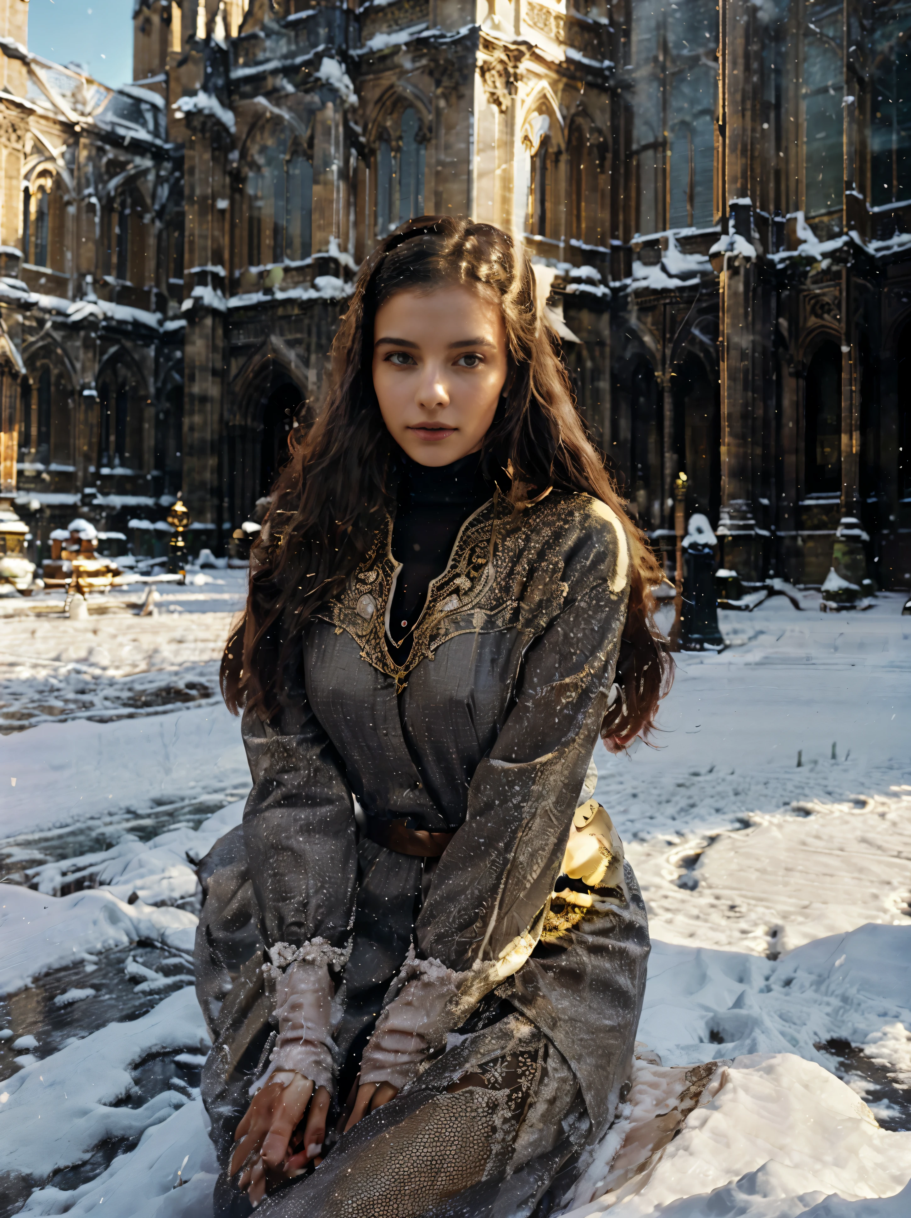 ((Beautiful Young British Woman )), ((Belle Epoque)), High class Lady,( Victorian Fashion Style),(( Vintagr Color Photo)), ( London), (( Standing in front of Westminster Abbey on hard fall snow day)),Soft shadows Super-Resolution, Megapixel,king sitting, ProPhoto RGB, VR, Spotlight, Frontlight, Halfrear Lighting, Backlight, Rim Lights, Rim Lighting, Artificial Lighting, Natural Lighting, Incandescent, British Style, Nobleman, Elegantism,scene of opulence --c 22 --ar 27:40 --s 999 --v 6.0
