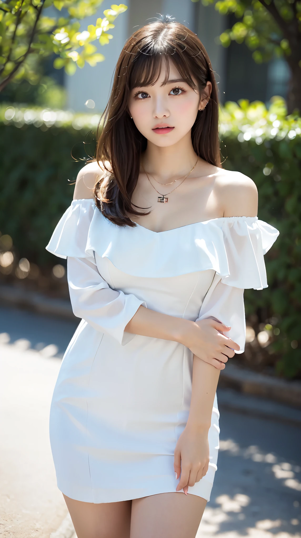 body、Full body Esbian、standing, (fashion) model posing, Very small waist、(very big breasts:1.3)、plump thighs、natural skin、Extra-fine face、 extra thin hands, Very thin fingers, Best ratio、surreal, ((cute dress、Exposing too much skin、off shoulder、The length is short and the thighs are visible))、cheeks turn red、body covered in 、Cross Necklace、((18-year-old female:1.2))、young adorable japanese face, official art,Highly detailed CG Unity 8K wallpaper,(masterpiece:1.0),(highest quality:1.0), Super detailed, photo shoot, 8K, nffsw, High resolution, kodak portrait 400, film grain, lens flare glow,portrait shot,View viewer