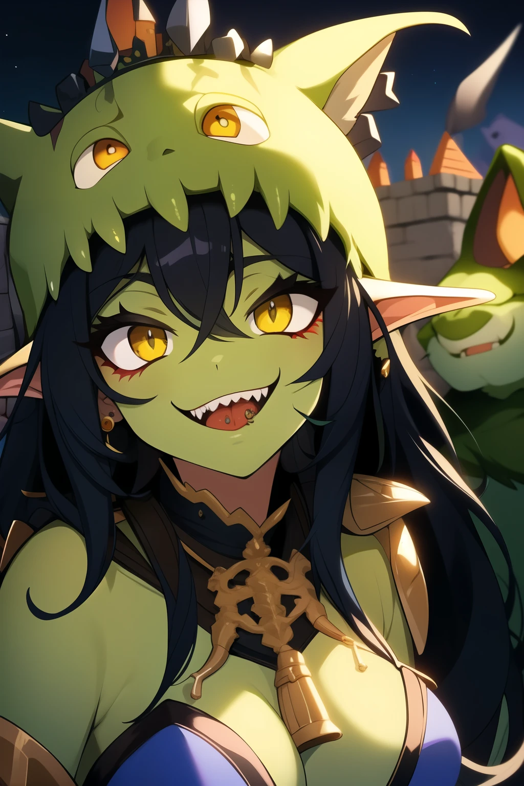 ((best quality)), ((masterpiece)), (detailed), perfect face, cute face, a feisty female goblin with vibrant green skin, wild black hair with green highlights at the front, adorned with bones and trinkets, and piercing yellow eyes that gleam with mischief. She is often seen wearing a mishmash of scavenged items and makeshift armor. (Long shot), Fantasy, Night time, castle background