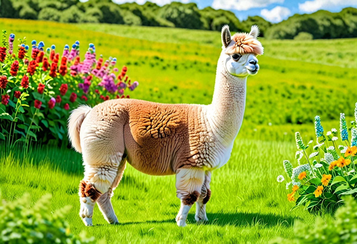 Create a charming illustration of an alpaca standing gracefully in a lush green field. Capture the alpaca's fluffy fur, gentle eyes, and endearing demeanor. Show the alpaca with a serene expression, perhaps surrounded by colorful wildflowers or peacefully grazing on the grass. The scene should evoke a sense of tranquility and appreciation for these unique and lovable animals. Let your artistic skills bring this delightful alpaca to life