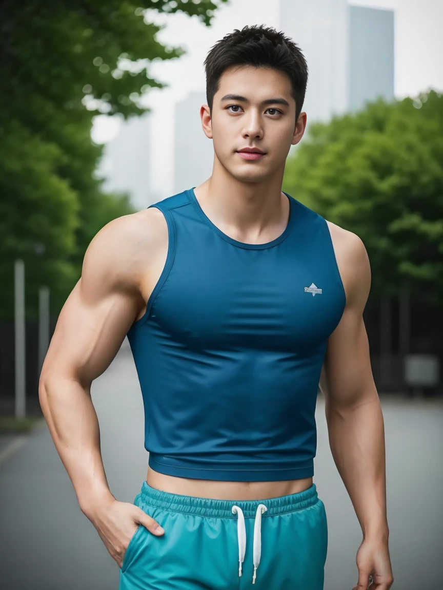 Firefighter in his 20s，Full chest muscles，Has short black hair， blue eyes，Sexy and charming expression，Wear green training clothes、Blue shorts, Big bag highlights，High resolution, masterpiece, Best quality, head:1.3,((Hasselblad Photo)), Delicate skin, Be focused, (Movie Lighting), at night, Soft lighting, Dynamic angle, [:(Delicate face:1.2):0.2],(((exercise))), sports, Arm muscles are very big, Hands in crotch.