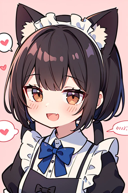 (masterpiece, best quality), chibi, close-up, portrait, 1girl, formidable_yz,short hair,short twintails, head tilt, black hair, brown eyes, :d, fang,cat maid, blue bowtie, spoken heart, pink background