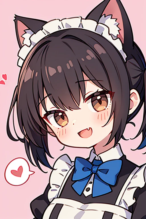 (masterpiece, best quality), chibi, close-up, portrait, 1girl, formidable_yz,short hair,short twintails, head tilt, black hair, brown eyes, :d, fang,cat maid, blue bowtie, spoken heart, pink background