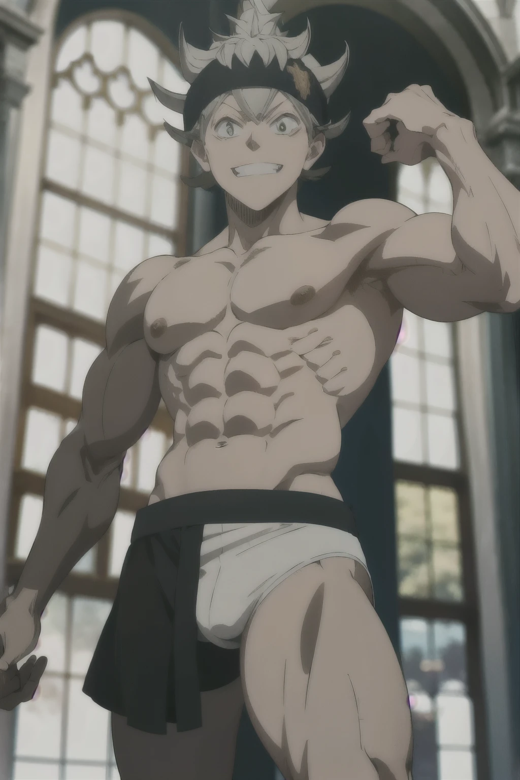 Asta from Black Clover, wearing white underpants, flexing his arms, bodybuilder, smiling, defined body, shirtless, abs, big legs