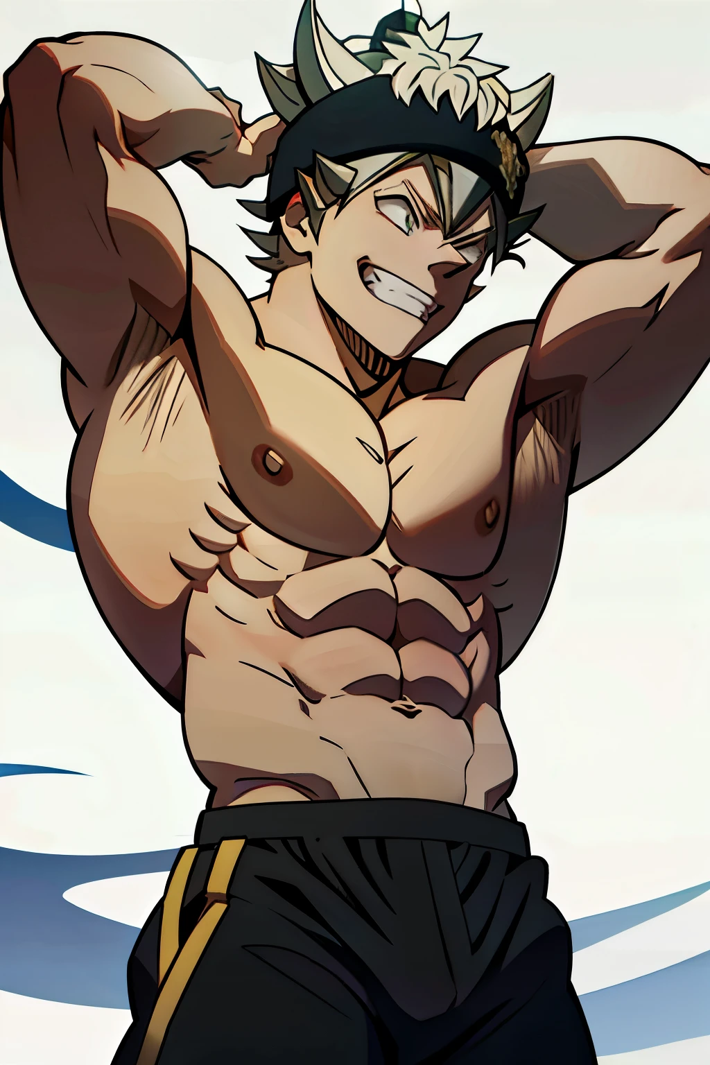 Asta from Black Clover, wearing white underpants, flexing his arms, bodybuilder, smiling, defined body, shirtless, abs, big legs