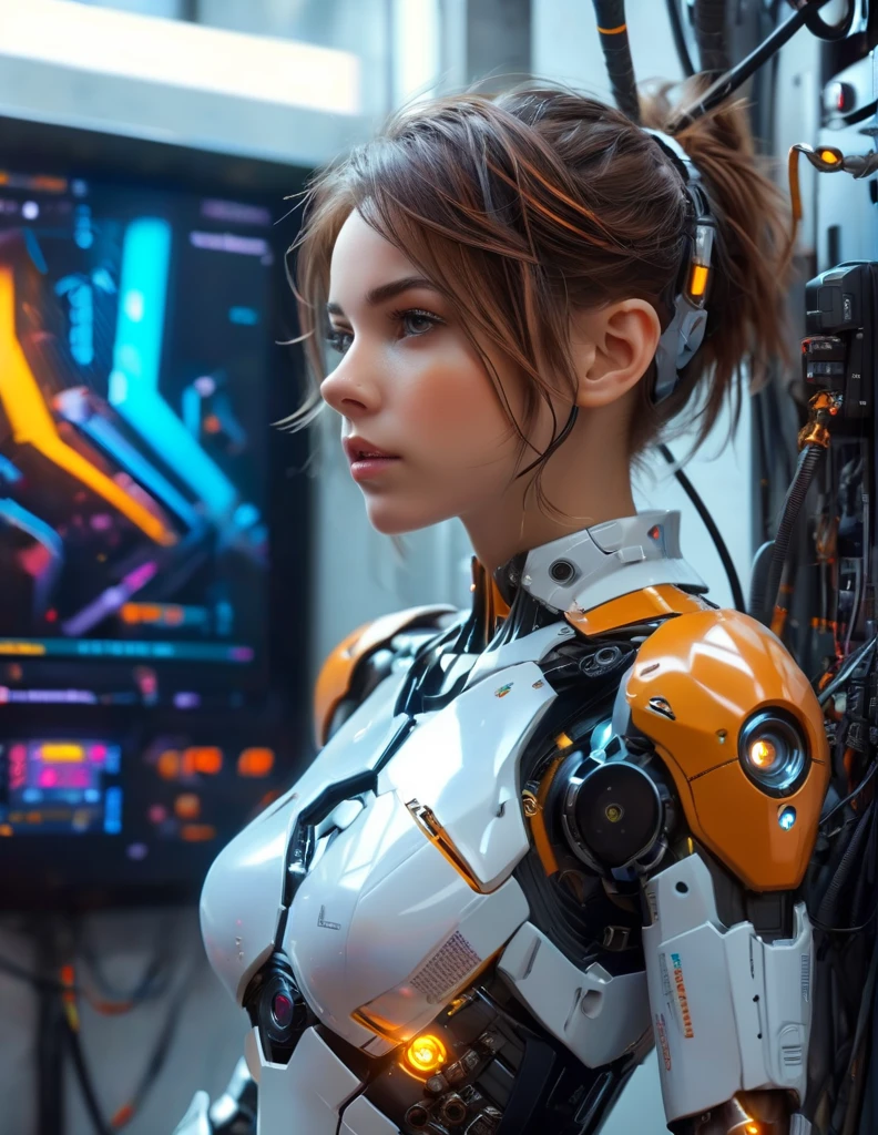 (Best quality,4K,8K,A high resolution,Masterpiece:1.2), Ultra-detailed, (Realistic,Photorealistic,photo-realistic:1.37), Large futuristic charging station, Woman [Elizabeth II:Maude Adams:0.3] charging, Short hair, Cute cyborg girl leaning against the wall, Robotic arm, electrical wires, connections, Beautiful cyborg girl, Cyborg girl, Cyberpunk anime girl with mech set, The perfect anime cyborg woman, Beautiful Caucasian girl with semi-mechanical enhancement, (Cyborg girl), Vibrant colors, Studio lighting.