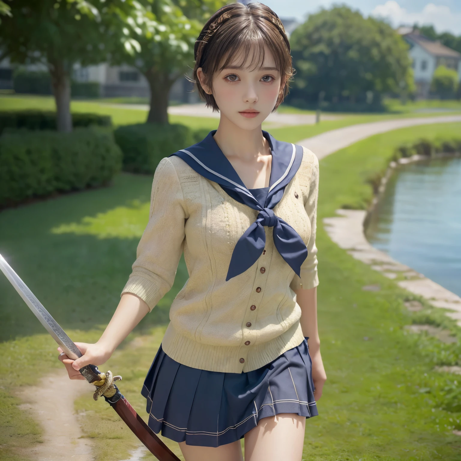 (Realistic:1.3), 8k, Health photo, Realistic skin texture, (masterpiece, highest quality, High resolution:1.2), (Very detailed, Intricate details, High resolution), Textured skin, Skin pores, Intricate details, One girl, Straight Short Hair,whole body,Ultra mini skirt,(Sailor suit),Clear skin,Realistic Face,(Holding a sword)
