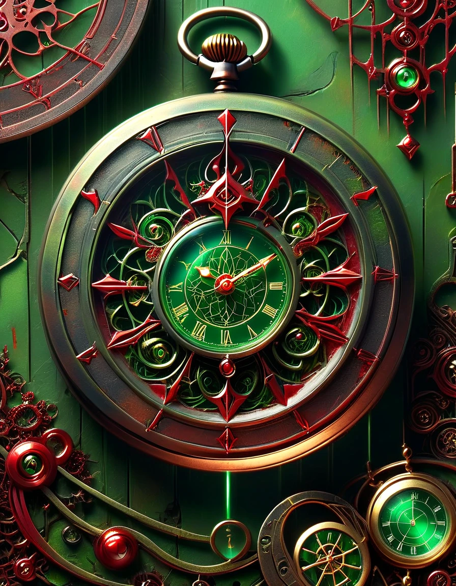 hyper detailed masterpiece, dynamic, awesome quality, DonM0ccul7Ru57XL, comfy (pocket watch with pendulum) gate, rust, (green algea:1.3, red algea:1.7)