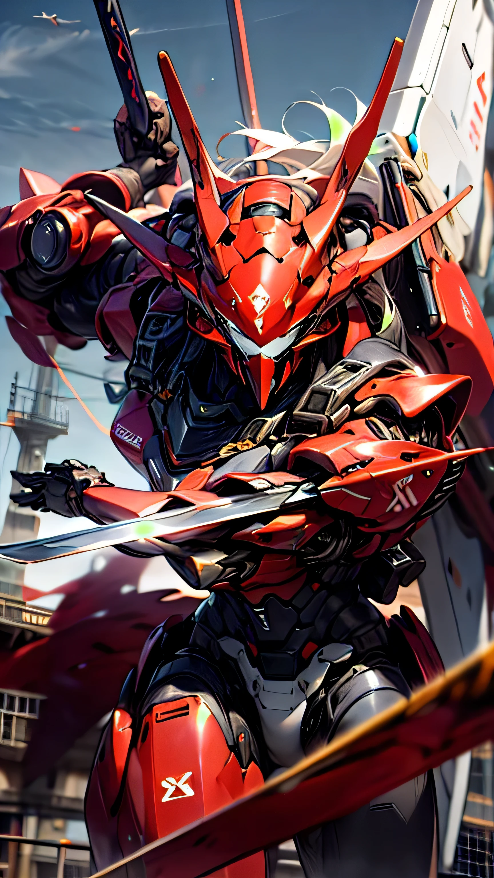 1mecha robot, Red Armor, Black Wing, Holding Black Mecha Sword, sky, absurdres, high detailed, high res, ultrasharp, 8K, masterpiece, photorealistic, High quality, cinmatic lighting, masterpiece.