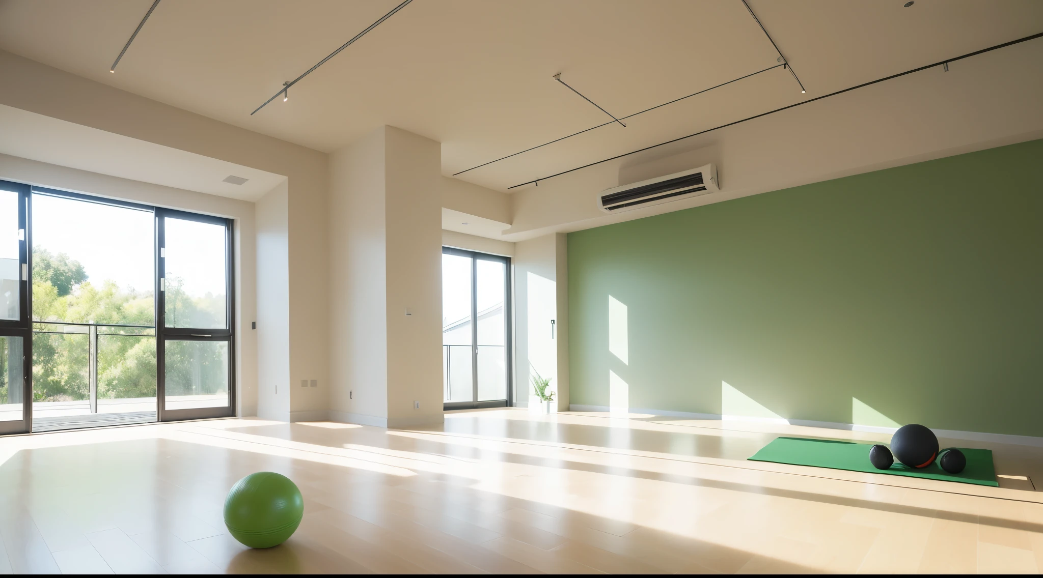 In the gym area of the community, the designer meticulously selected a light grey, light green, and beige color scheme to foster a comforting and invigorating atmosphere. Light grey walls, adorned with light green sports equipment, established an air of calmness and tranquility, while beige floors and furniture added an element of warmth and relaxation. This thoughtfully curated color palette not only soothes users' senses, making them feel at ease, but also enhances their fitness experience, adding an extraordinary level of pleasure to their workouts.