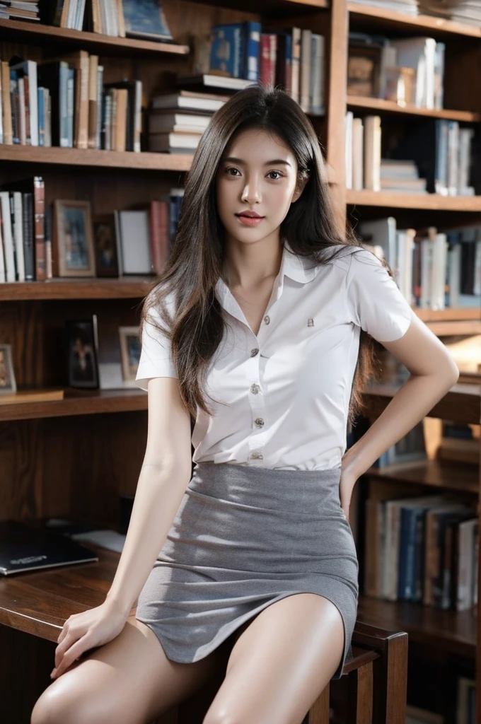 best quality, 8k, highly detailed face and skin texture, high resolution, cute girl in library